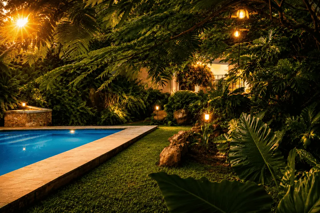 Lush tropical garden with swimming pool and ambient lighting at sunset.