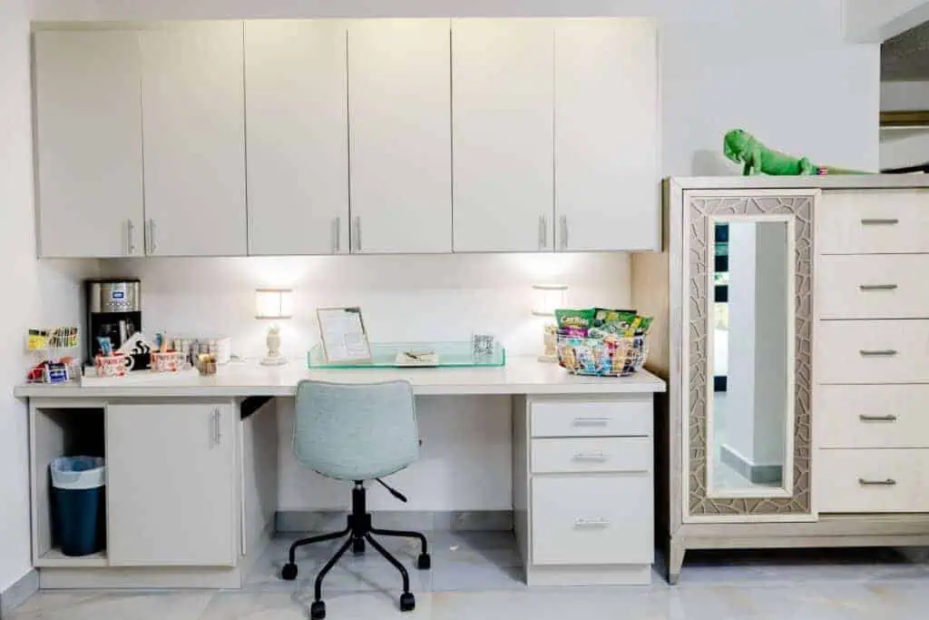 Clean and organized medical office workspace with cabinets and desk.