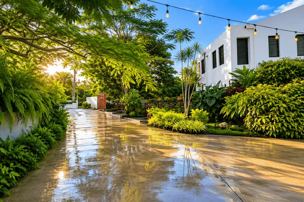 Lush tropical garden with vibrant plants and trees at Casa Encanto.
