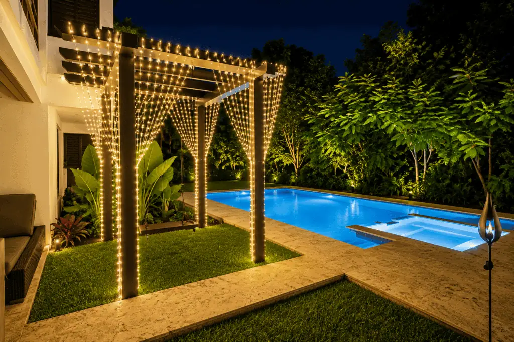 Night view of a backyard pool illuminated by string lights and surrounded by lush greenery.
