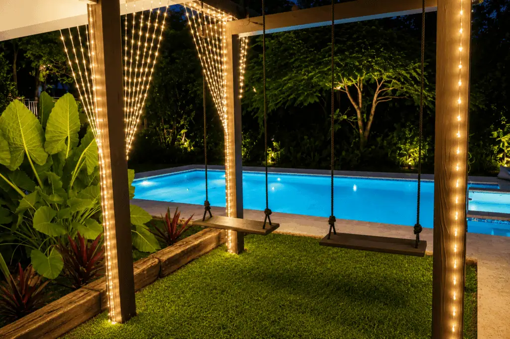 Night view of a backyard pool with swings and string lights, surrounded by lush greenery.