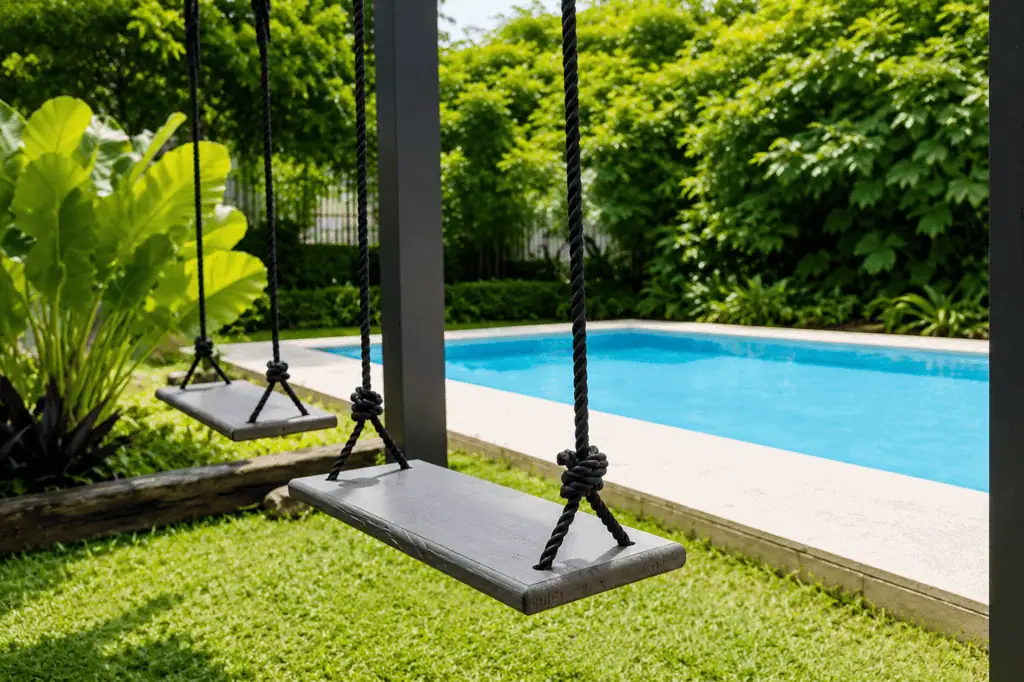 Outdoor swing set near swimming pool in lush garden setting.