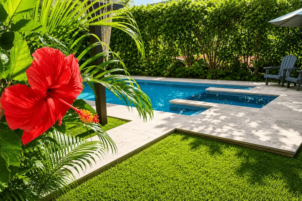 Serene backyard with swimming pool, tropical plants, and outdoor seating area.